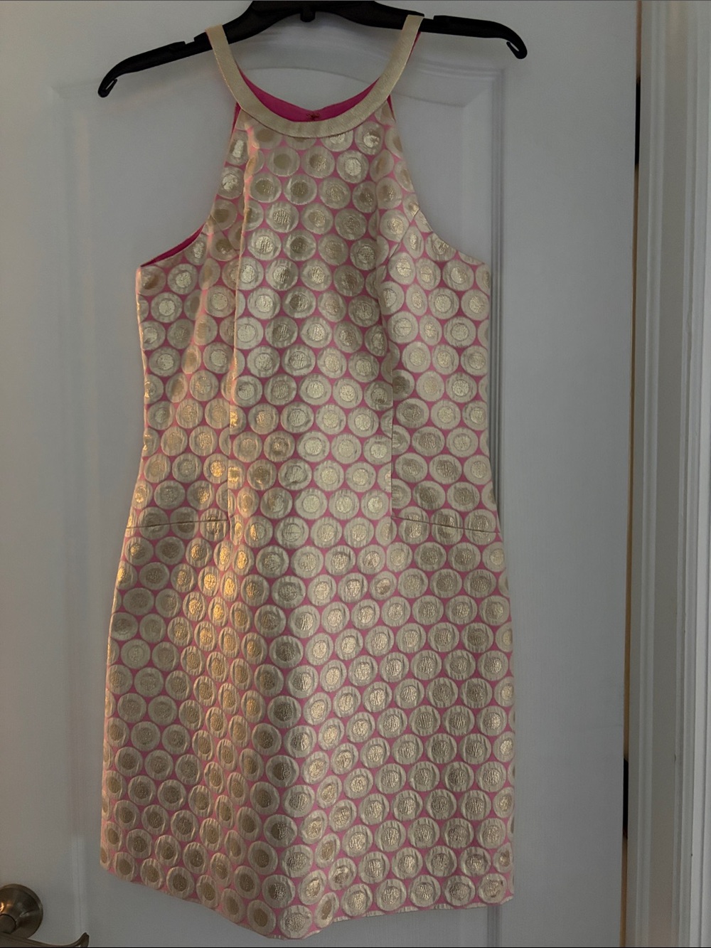 Lilly Pulitzer Pink and Gold Circle Jacquard Halter Sheath Dress